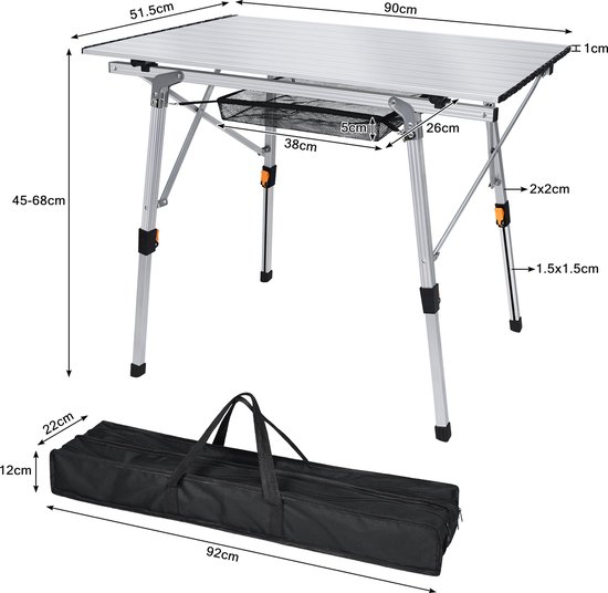 Inklapbare Campingtafel 90 x 51,5 cm, Hoogte Verstelbaar, Aluminium Camping- en Tuintafel met Draagtas voor Buiten en Tuin, Zilver/Zwart van Merkloos — afbeelding 3