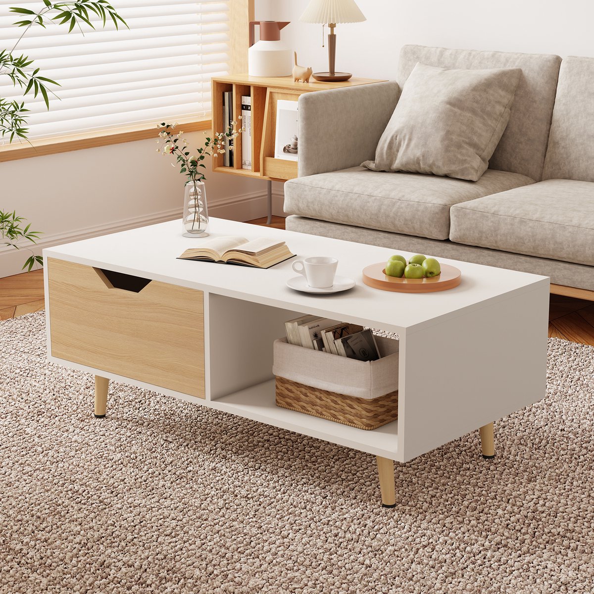 Elekiatech Salontafel - 100x49x43cm - Moderne Houten Tafel met Opbergruimte - Waterdicht, Milieuvriendelijk, Met Lades en Open Vakken - Wit Houtkleur Wit - 100x49x43cm