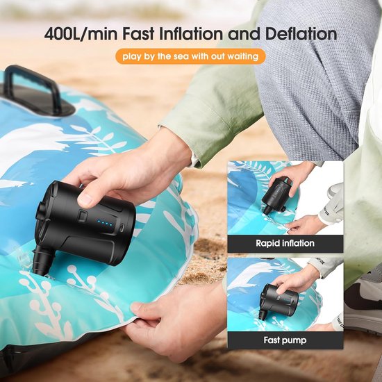 Elektrische Luchtpomp - 5200mAh Oplaadbare Accu - Mini Inflator met 3 Mondstukken - Snel oppompen voor Zwembad, Boot, Luchtbed - Zwart - 1 Stuk van Merkloos — afbeelding 4