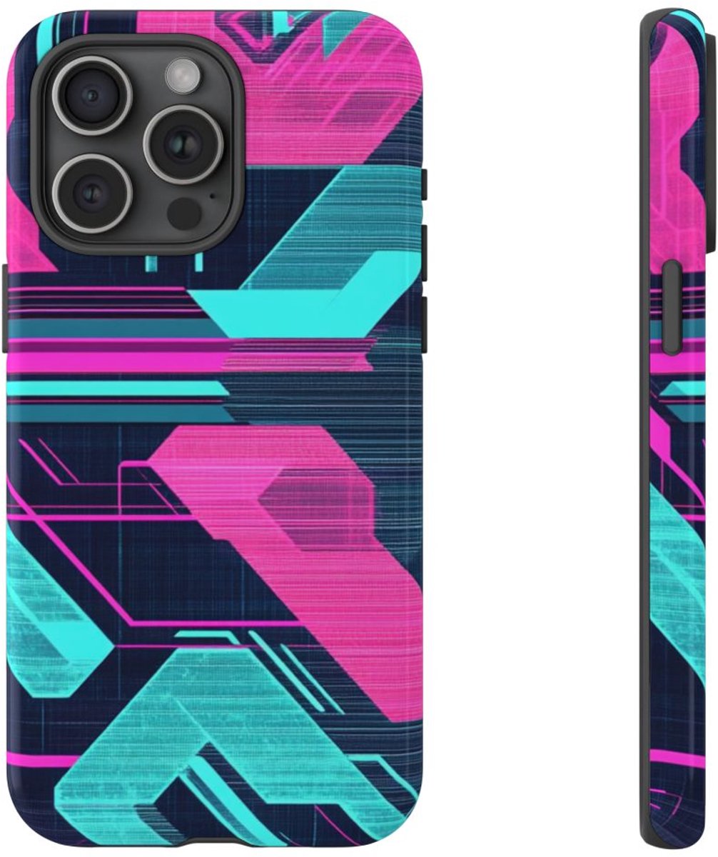 Neon Geometrisch Cyberpunkpatroon – Telefoonhoesje Geschikt voor iPhone 15 Pro Max