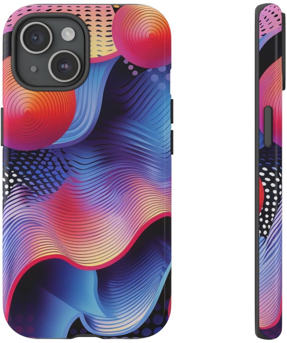 Kleurrijke Abstracte Golven en Bollen – Telefoonhoesje Geschikt voor iPhone 15