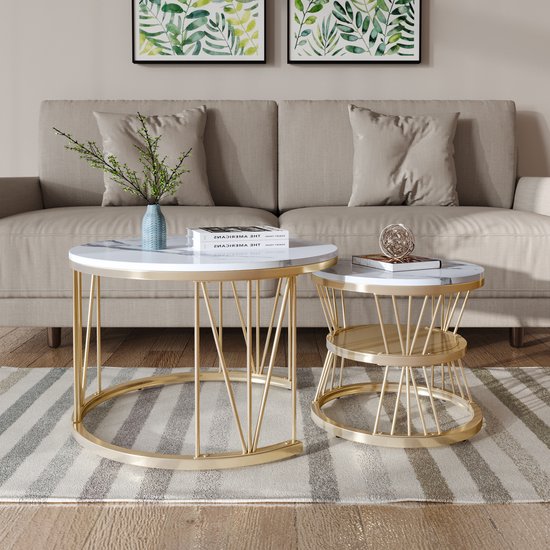 2 tables basses rondes, 70x45cm, 45x45cm, table avec plateau blanc et support de pied noir, table basse ronde intégrée dans le côté du canapé (plateau blanc + pied doré)