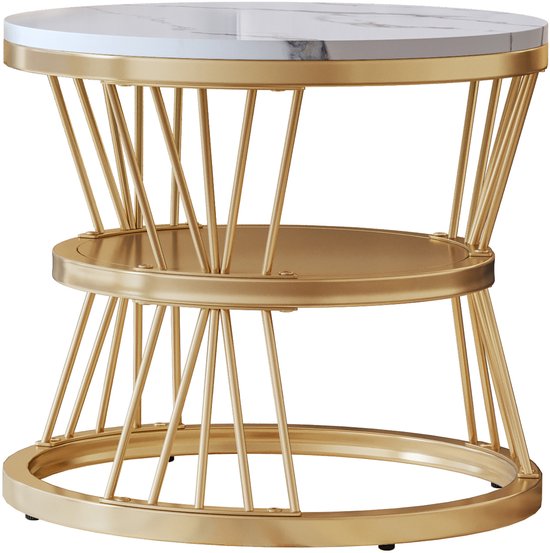 2 tables basses rondes, 70x45cm, 45x45cm, table avec plateau blanc et support de pied noir, table basse ronde intégrée dans le côté du canapé (plateau blanc + pied doré)