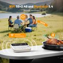 Wit apparaat met thermometer en sensoren naast een grill met vlees, met een achtergrond van mensen die buiten picknicken.