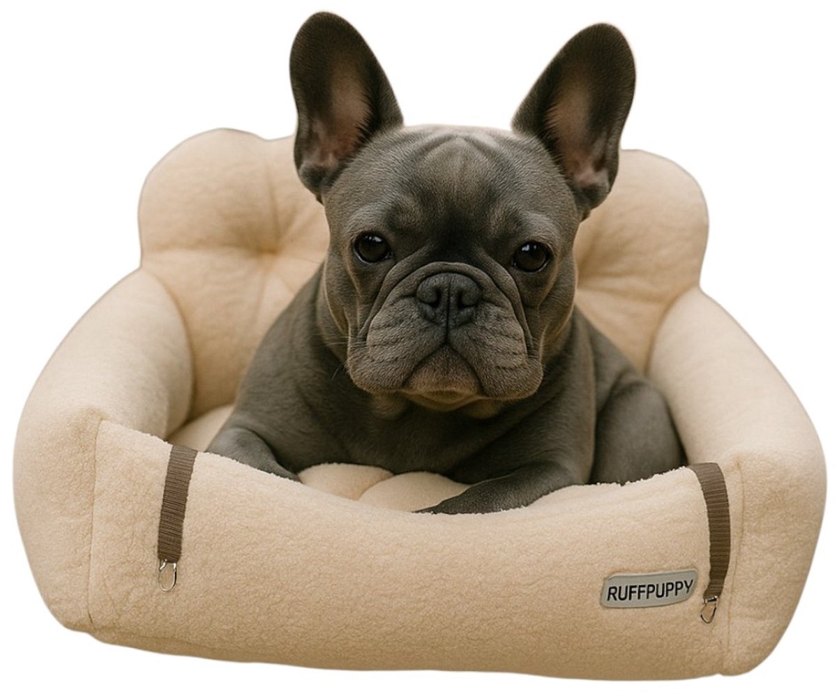 Dutchers® Hondenautostoel Teddy – Veilige Huisdierdrager met Riem - Automand - Hond Autogordel – Teddystof Reiskennel voor Kleine Honden & Katten - Autozitje Hond – 35x44cm – Beige