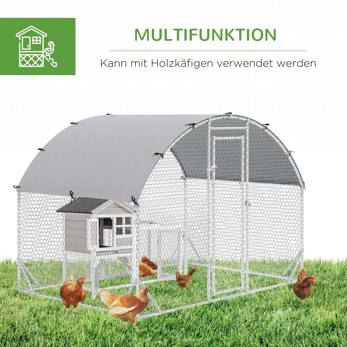 Merax Kippenren Buiten 280x190x197 cm – Hondenren of Kippenhok met UV-bestendige Overkapping – Groot Buitenhok Voor 4-6 Kippen of Kleindieren – Verzinkt Staal – Zilver thumbnail 2