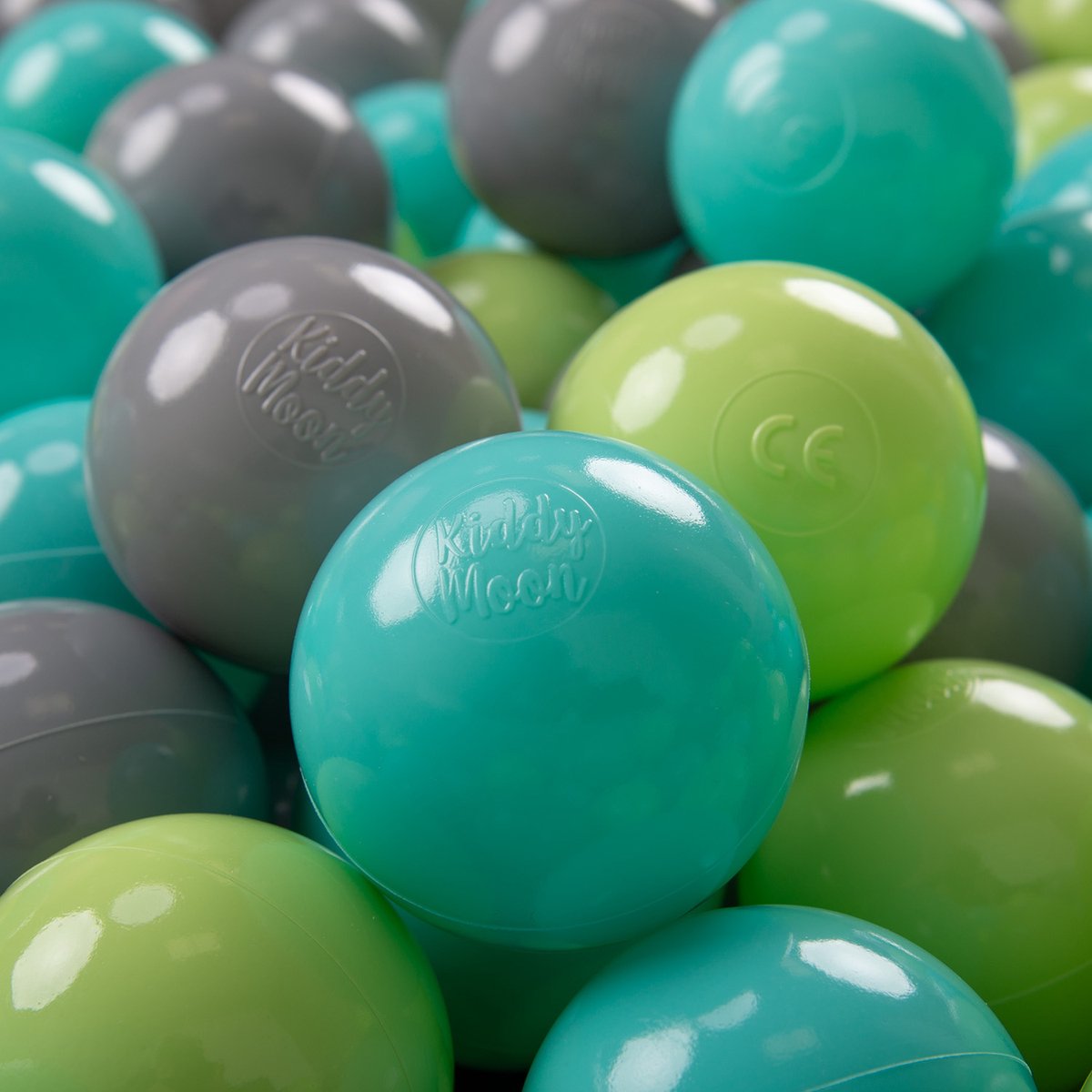 KiddyMoon 300 ∅ 7cm kinderballen speelballen voor ballenbad baby plastic ballen made in eu, lichtgroen/licht turquoise/grijs