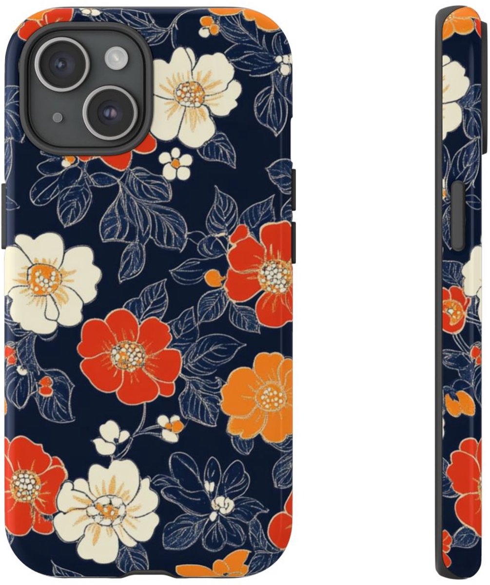 Oranje en Witte Bloemenprint – Telefoonhoesje Geschikt voor iPhone 15