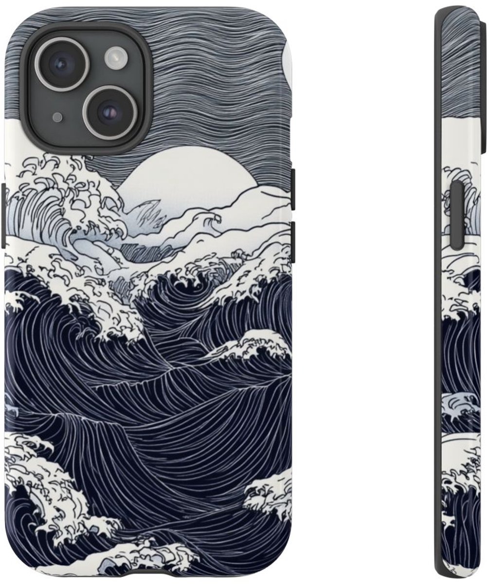 Monochrome Oceaangolven met Maan – Telefoonhoesje Geschikt voor iPhone 15