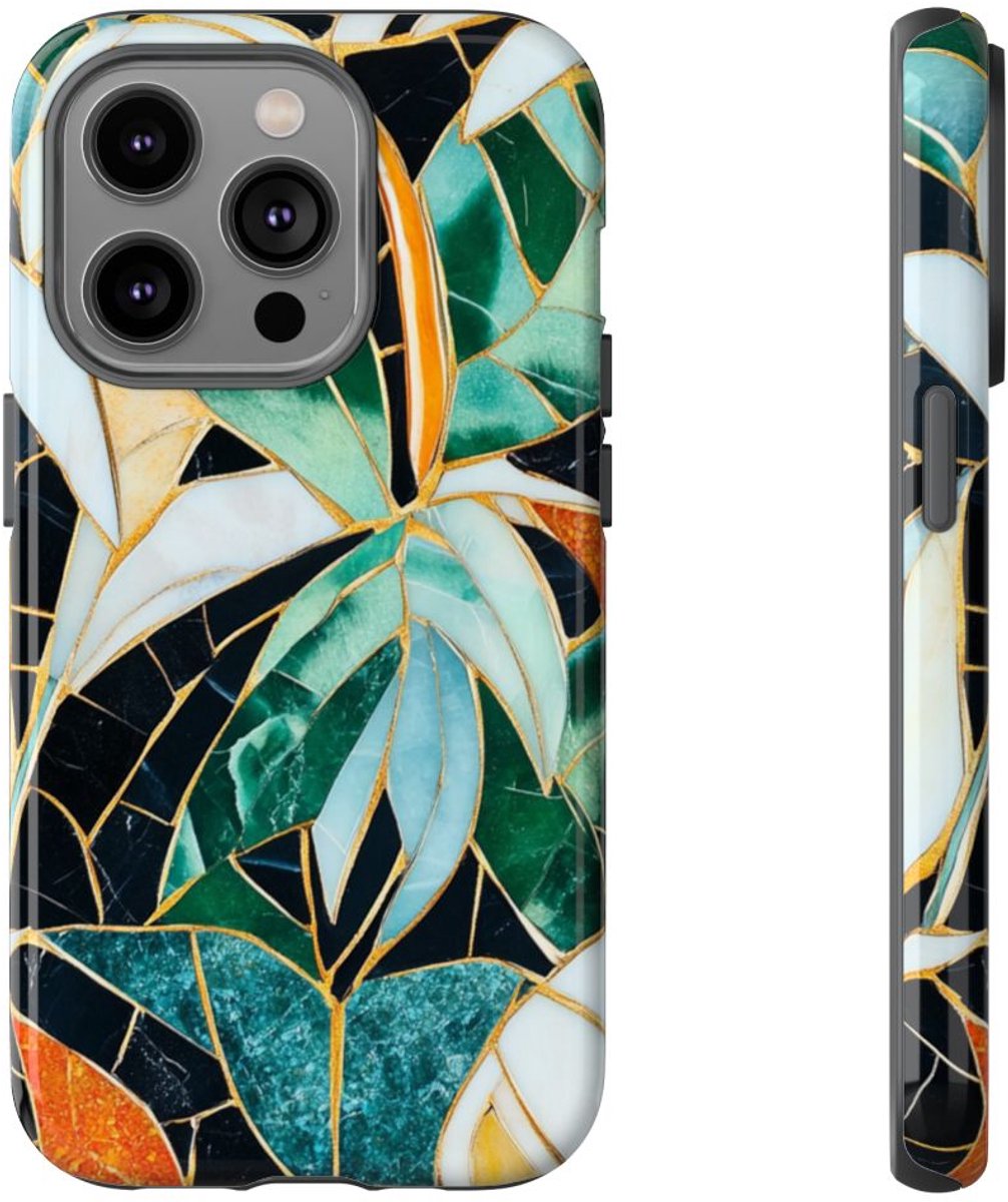 Tropisch Bladmozaïek met Gouden Accenten – Telefoonhoesje Geschikt voor iPhone 14 Pro