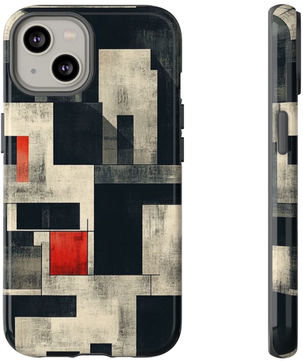 Abstract Geometrisch Patroon met Rode Accenten – Telefoonhoesje Geschikt voor iPhone 14