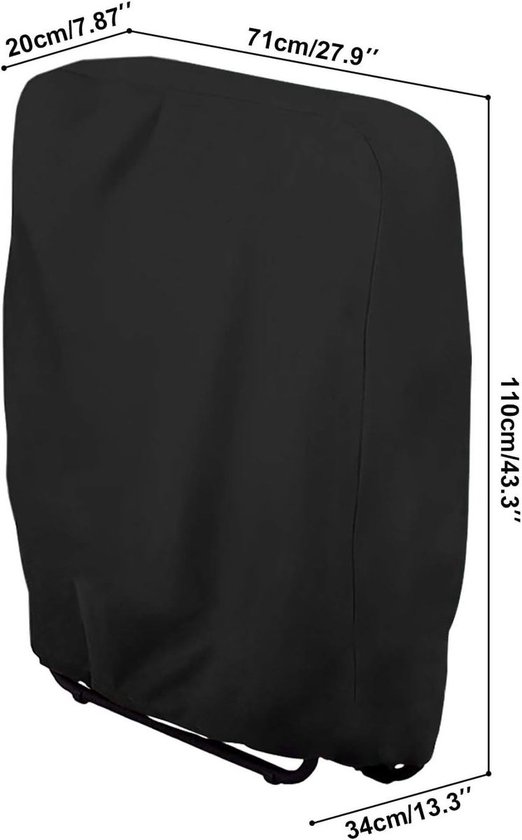 Afmetingen van de zwarte stoelhoes: 34cm breed, 110cm hoog, 71cm diep.