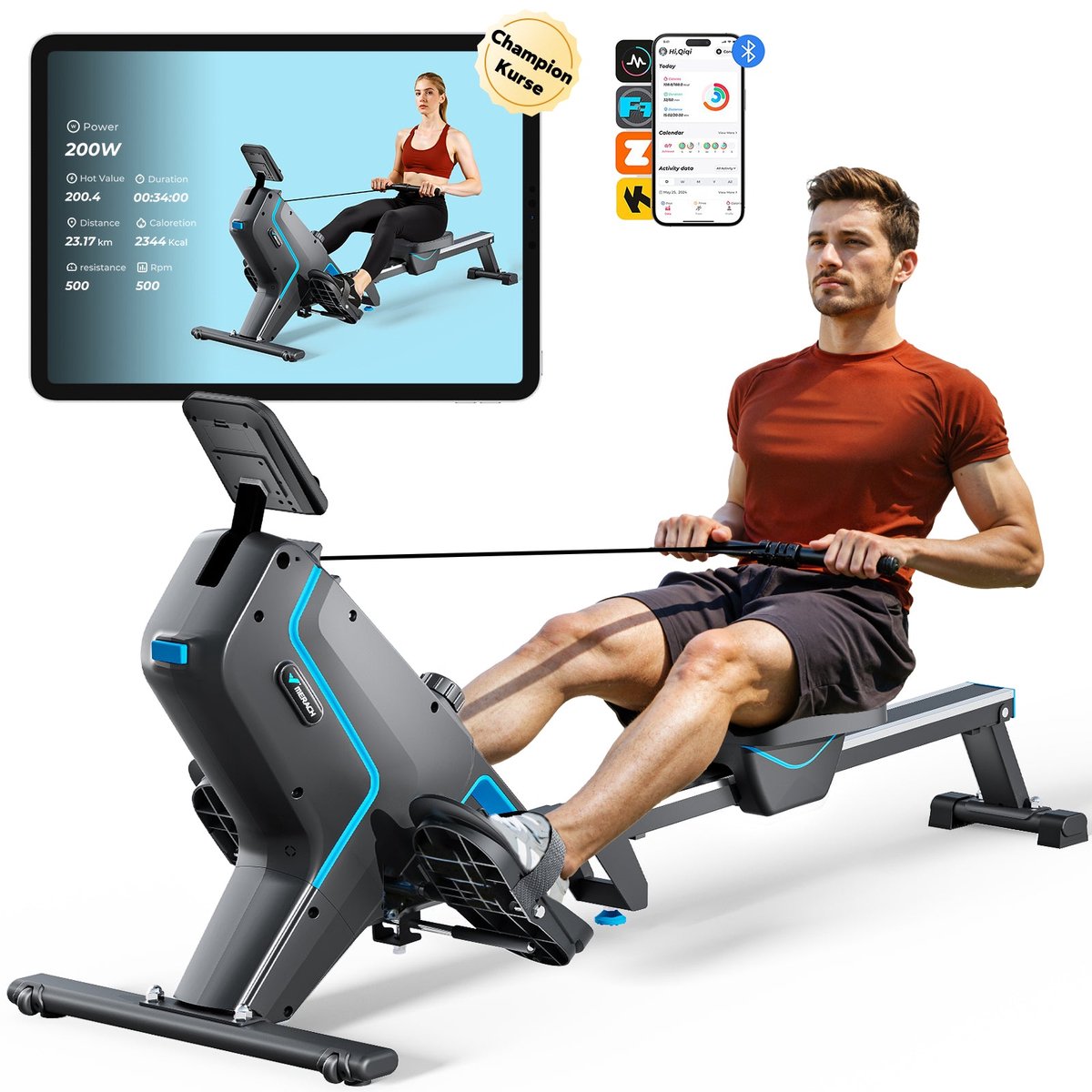 MERACH Roeimachine voor thuis - Inklapbaar - 16 weerstandsniveaus - LCD-display - Stille magnetische rem - Gepolsterd zitje - Exclusieve app en spellen - Kinomap app-compatibel - Eenvoudige montage - Ergonomisch - Geschikt voor full-body training - MERACH - €199,99