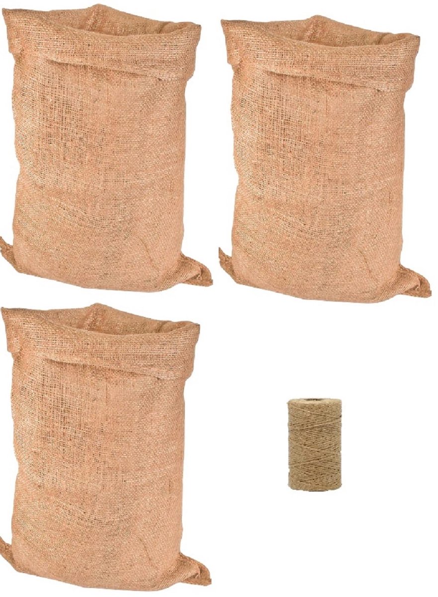 Jutezak - Puur Jute - Set van 3 stuks met Jutegaren 1mm/100 gram - Voor Voedselopslag, Tuinieren en Plantenbescherming - 85x50 cm