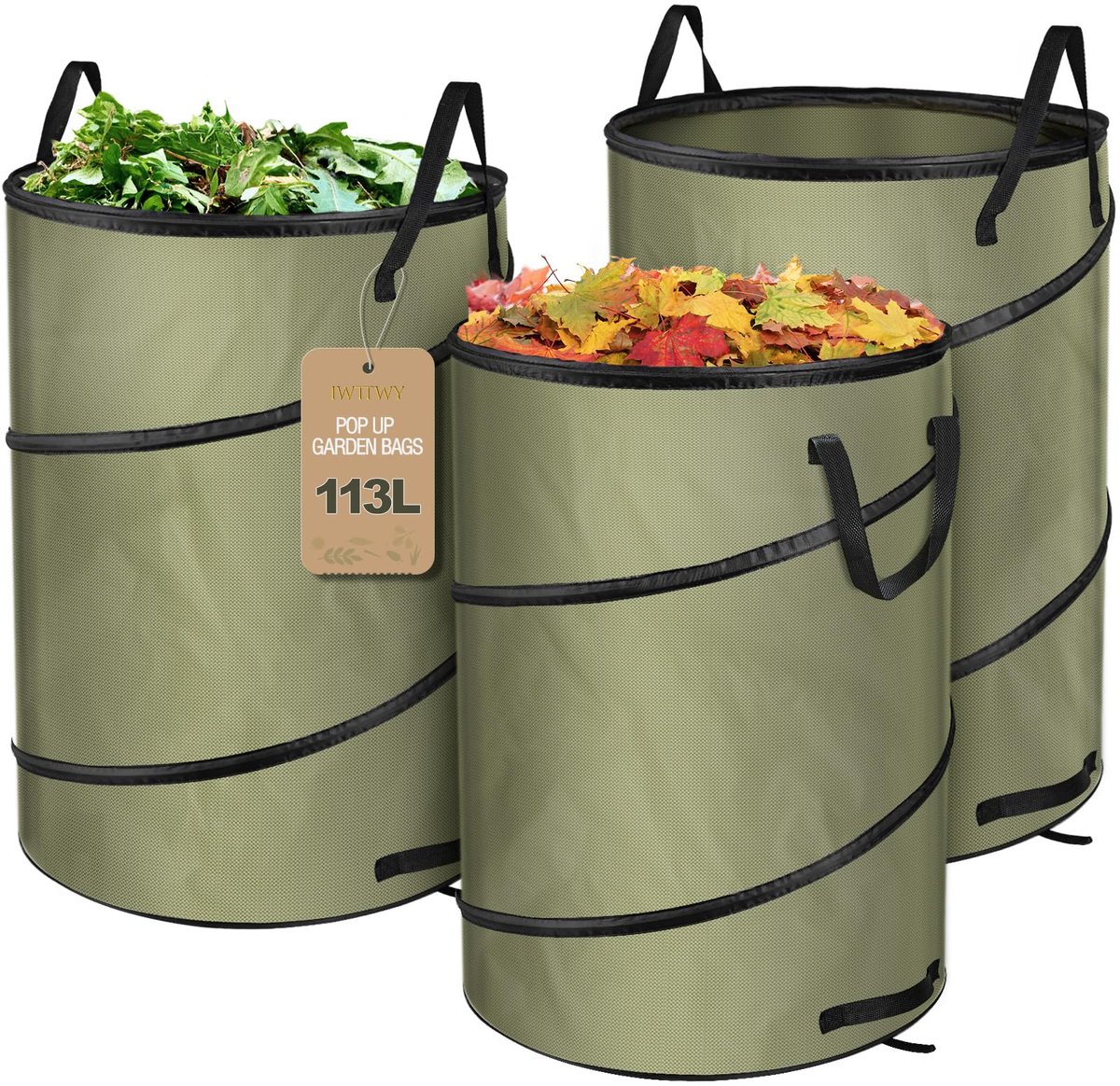 3x Pop-up Tuinzakken - Zelfopstaand Robuust & Opvouwbaar Oxford Doek - Voor Groenafval Gras Bladeren & Heggen - 113L