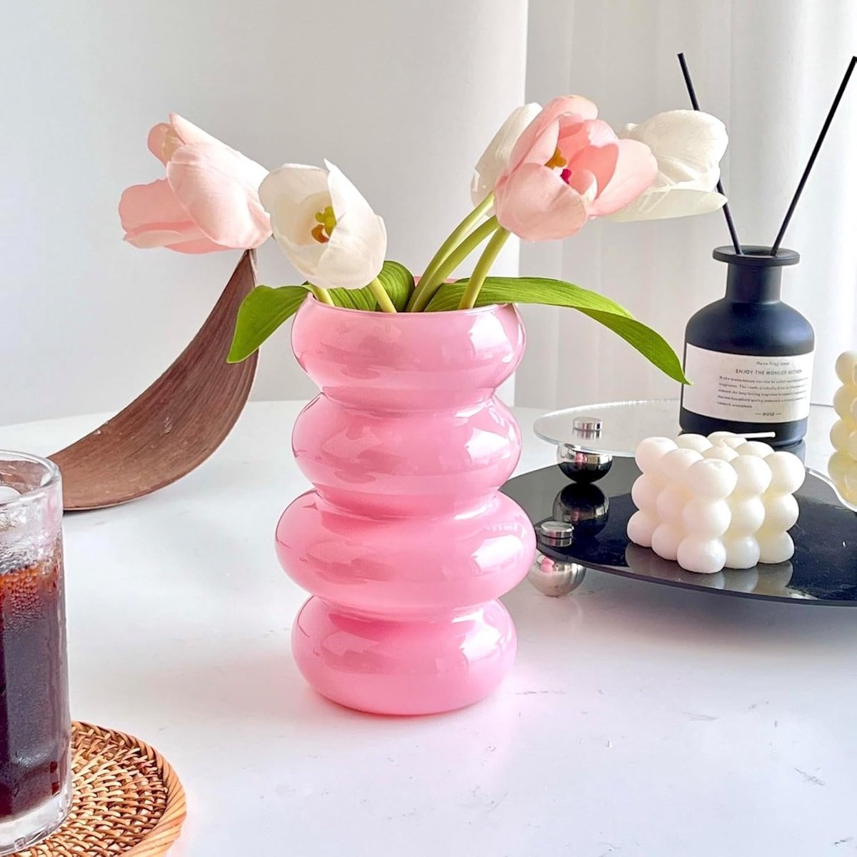 Vierlaagse glazen vaas - modern design - 1 stuk - roze - 17,5 cm
