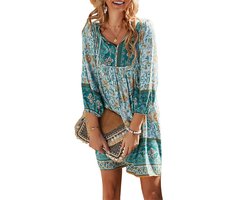 Boho Zomerjurk Groen L - Bloemenprint Maxi Jurk - Vintage Etnische Strandstijl - Comfortabel Polyester - Voor Dames - 1 stuk