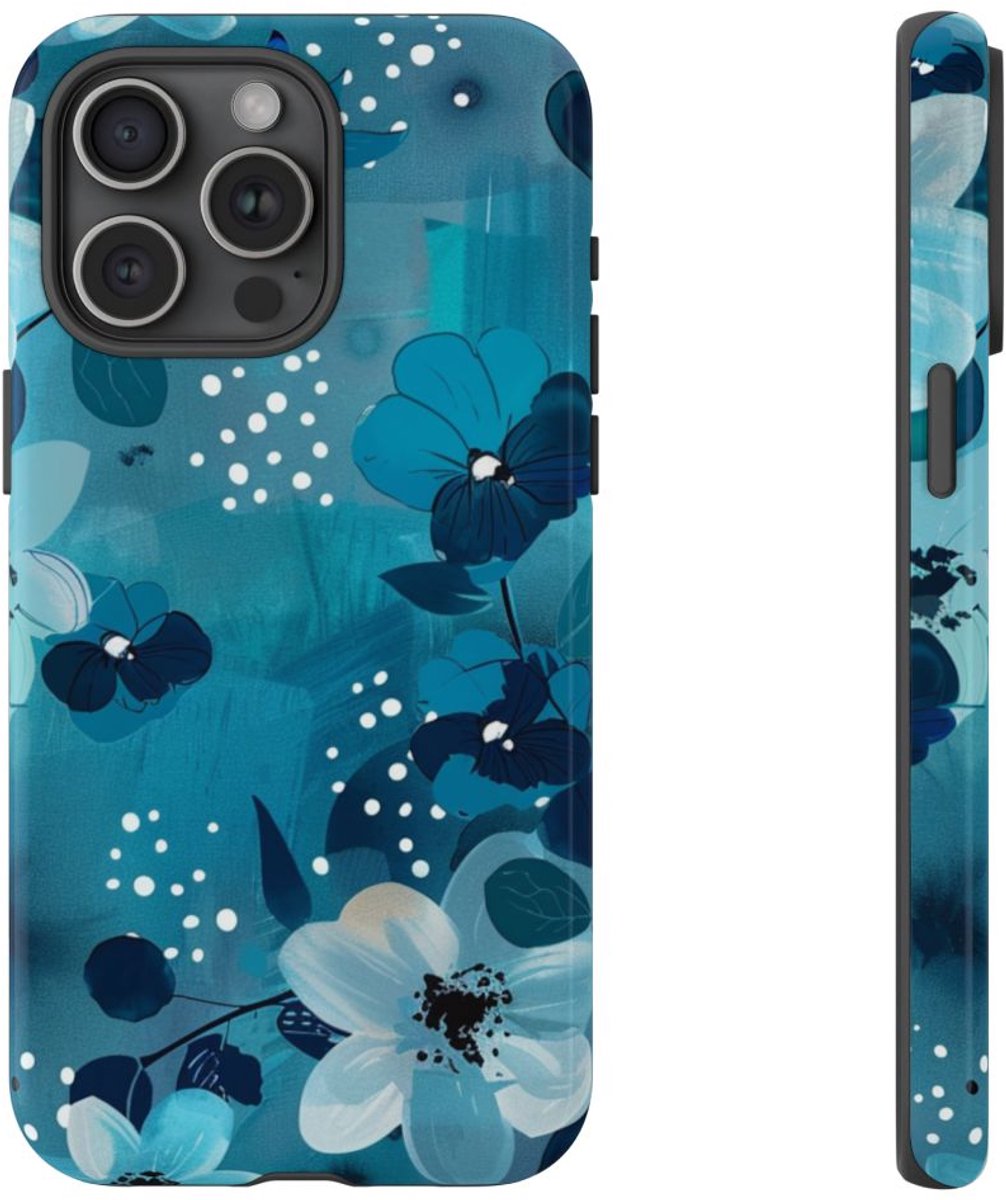 Turquoise Bloemenpatroon met Stippen – Telefoonhoesje Geschikt voor iPhone 15 Pro Max