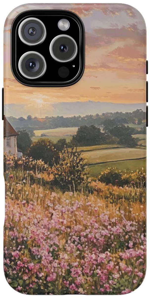 Landelijk Ochtendlandschap met Bloemen – Telefoonhoesje Geschikt voor iPhone 16 Pro Max