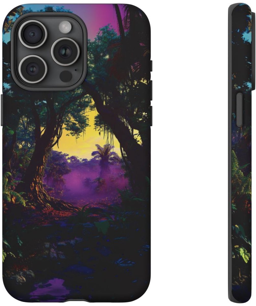 Sprookjesachtige Jungle Zonsondergang – Telefoonhoesje Geschikt voor iPhone 15 Pro Max