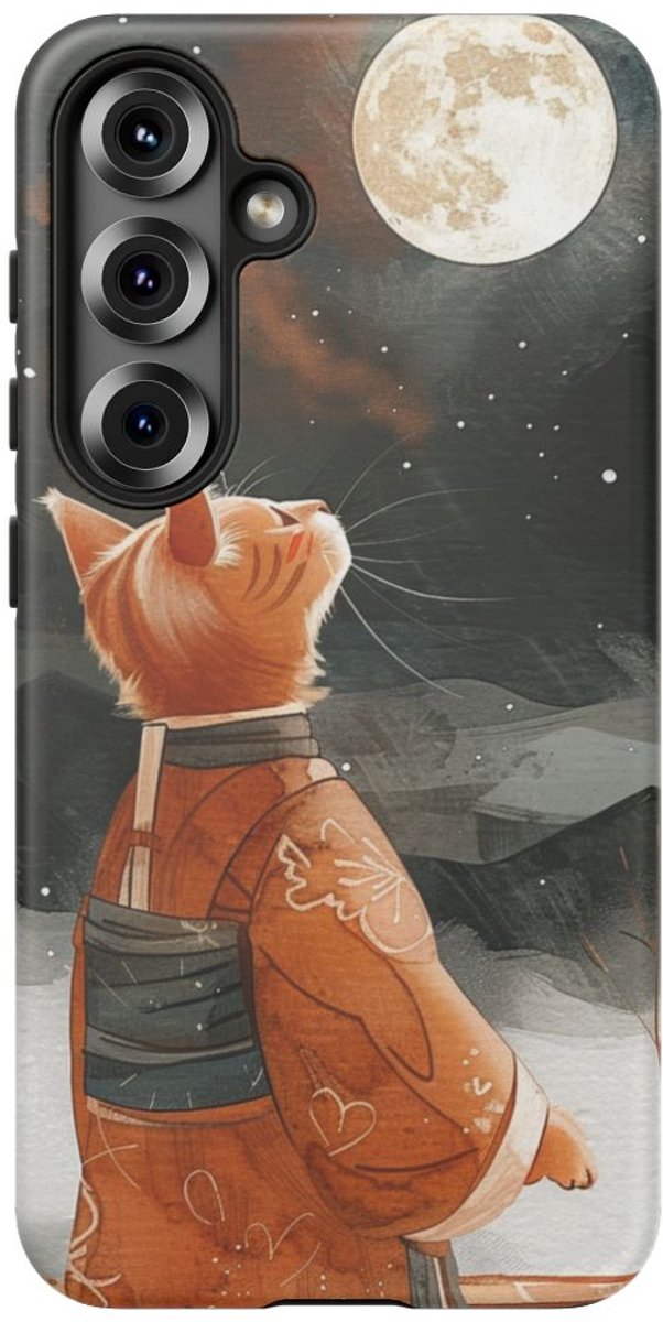 Oranje Kat in Traditioneel Gewaad bij Maanlicht – Telefoonhoesje Geschikt voor Galaxy S25
