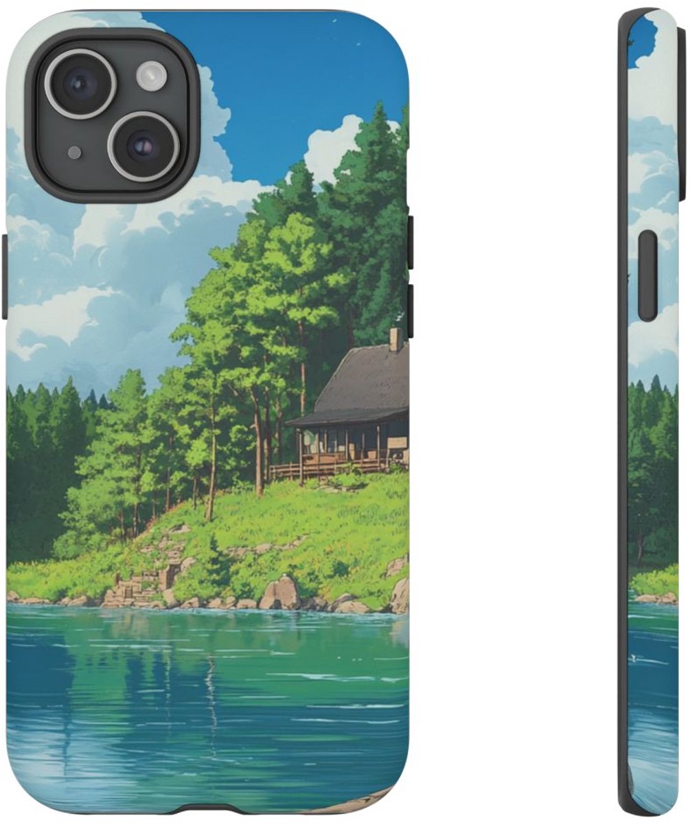 Weelderig Bosmeer met Sfeervolle Hut – Telefoonhoesje Geschikt voor iPhone 15 Plus