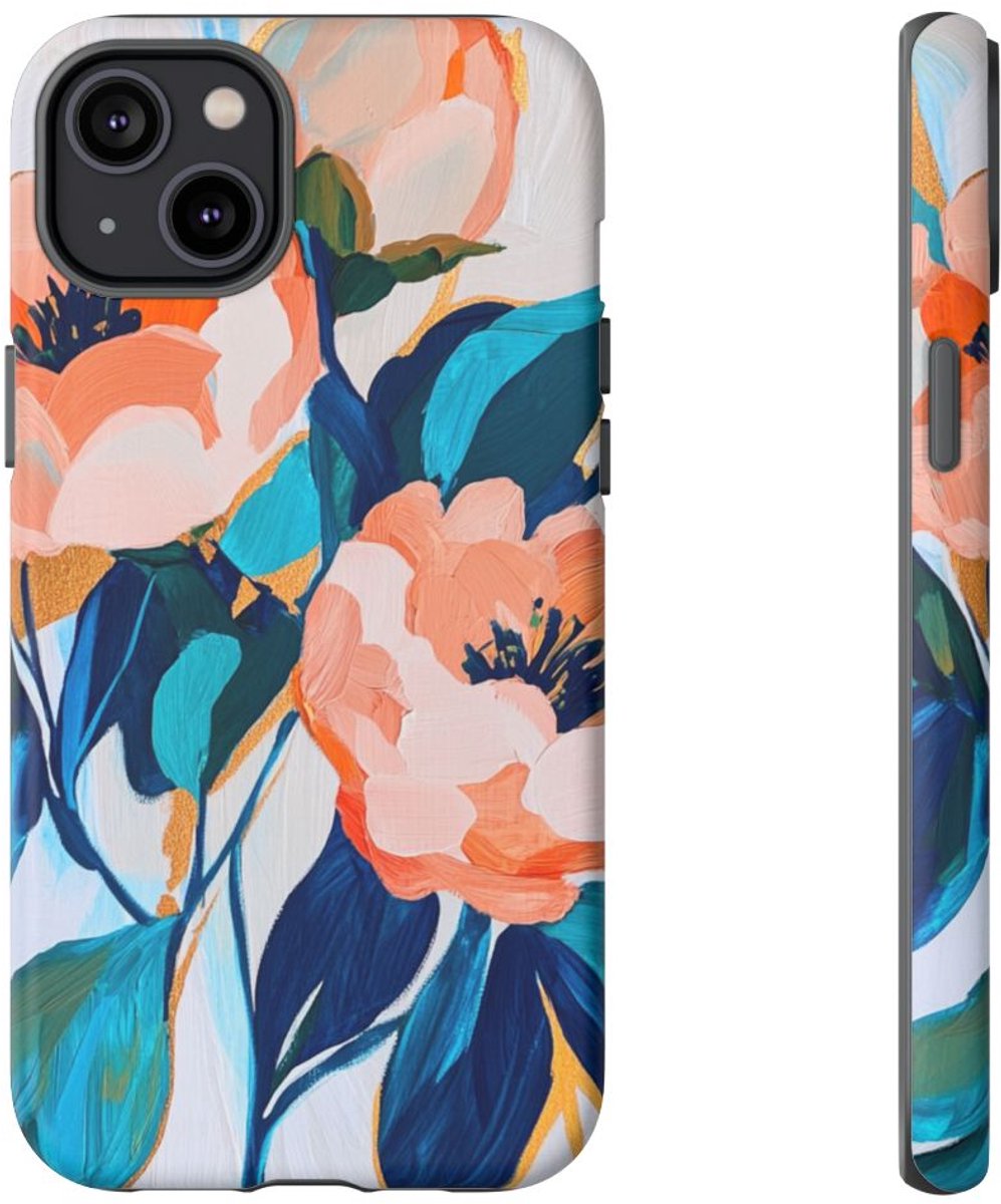 Abstract Perzikroze en Blauwe Bloemen – Telefoonhoesje Geschikt voor iPhone 14 Plus