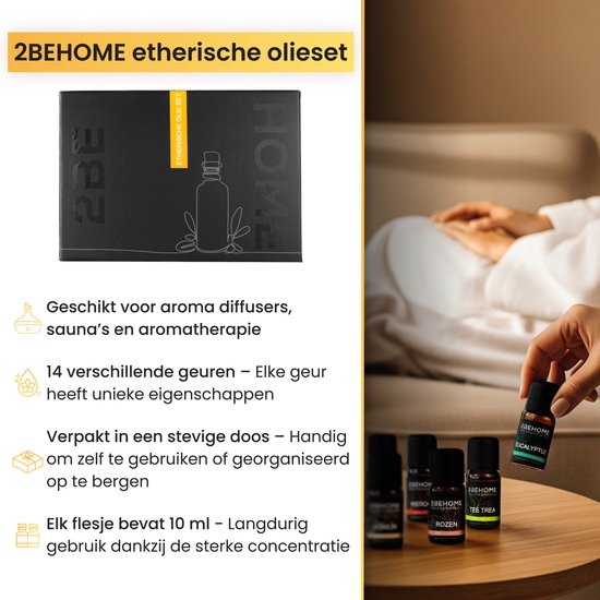 2BEHOME Etherische Olie Set - 14 Geuren - Lavendel, Vanille, Eucalyptus en meer - Essentiële olie voor Aromatherapie - Essential oil - Geurolie voor Aromadiffuser - Etherische Olie Lavendel