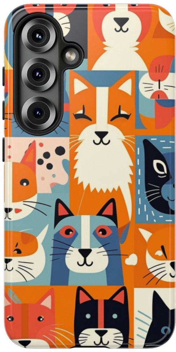 Vrolijke Kattenkopjes in Kleurrijk Patroon – Telefoonhoesje Geschikt voor Samsung Galaxy S25