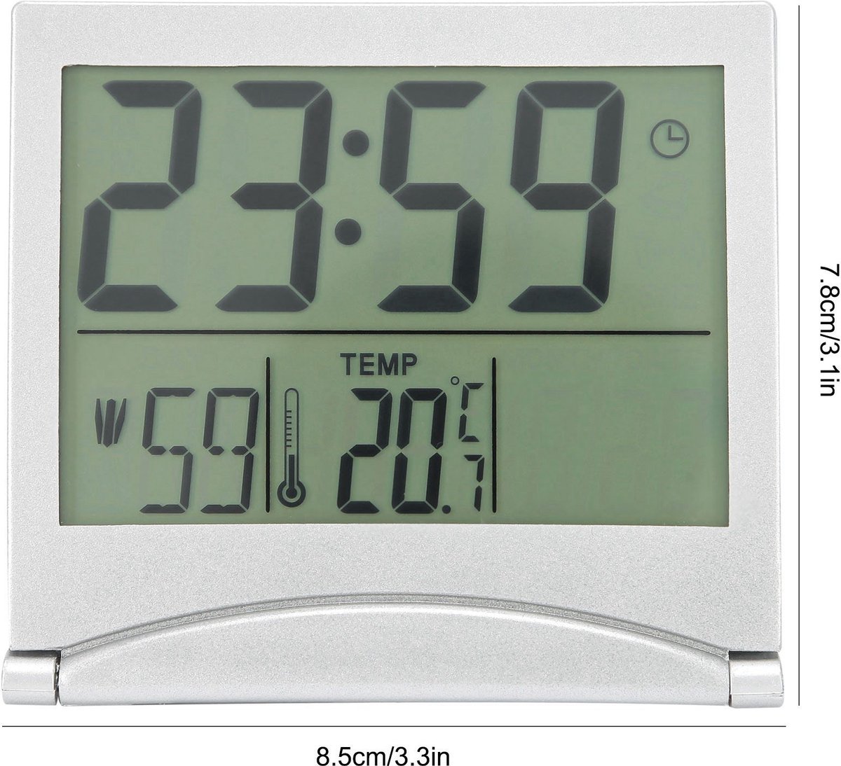 Opvouwbare digitale klok, LCD-reiswekker - Digitale wekker met temperatuur- en datumweergave - Digitale wekker op batterijen - Zilver