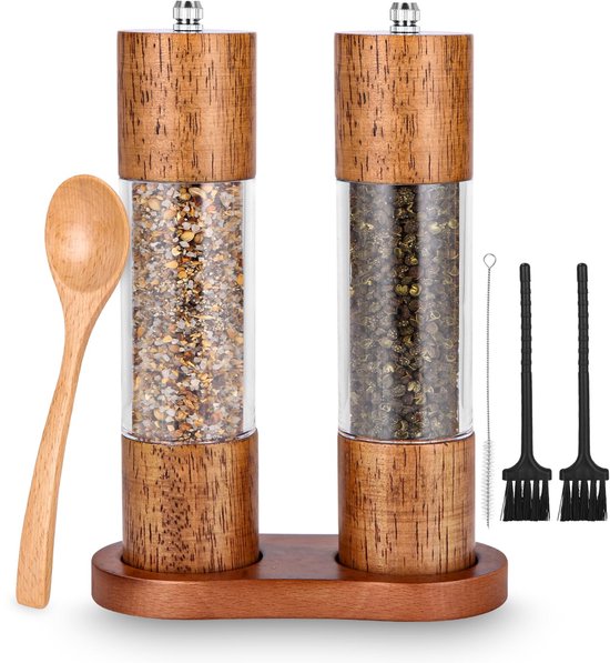 Moulins à Sel Et Poivre En Bois D’acacia – Broyeur Céramique Réglable, 16,5 Cm, Design Antidérapant, Cadeau Cuisine