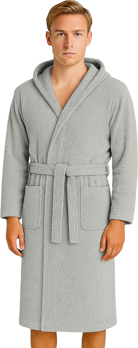 Barbons Badjas Heren - Katoen met Capuchon - Oekotex - Lichtgrijs - XXL