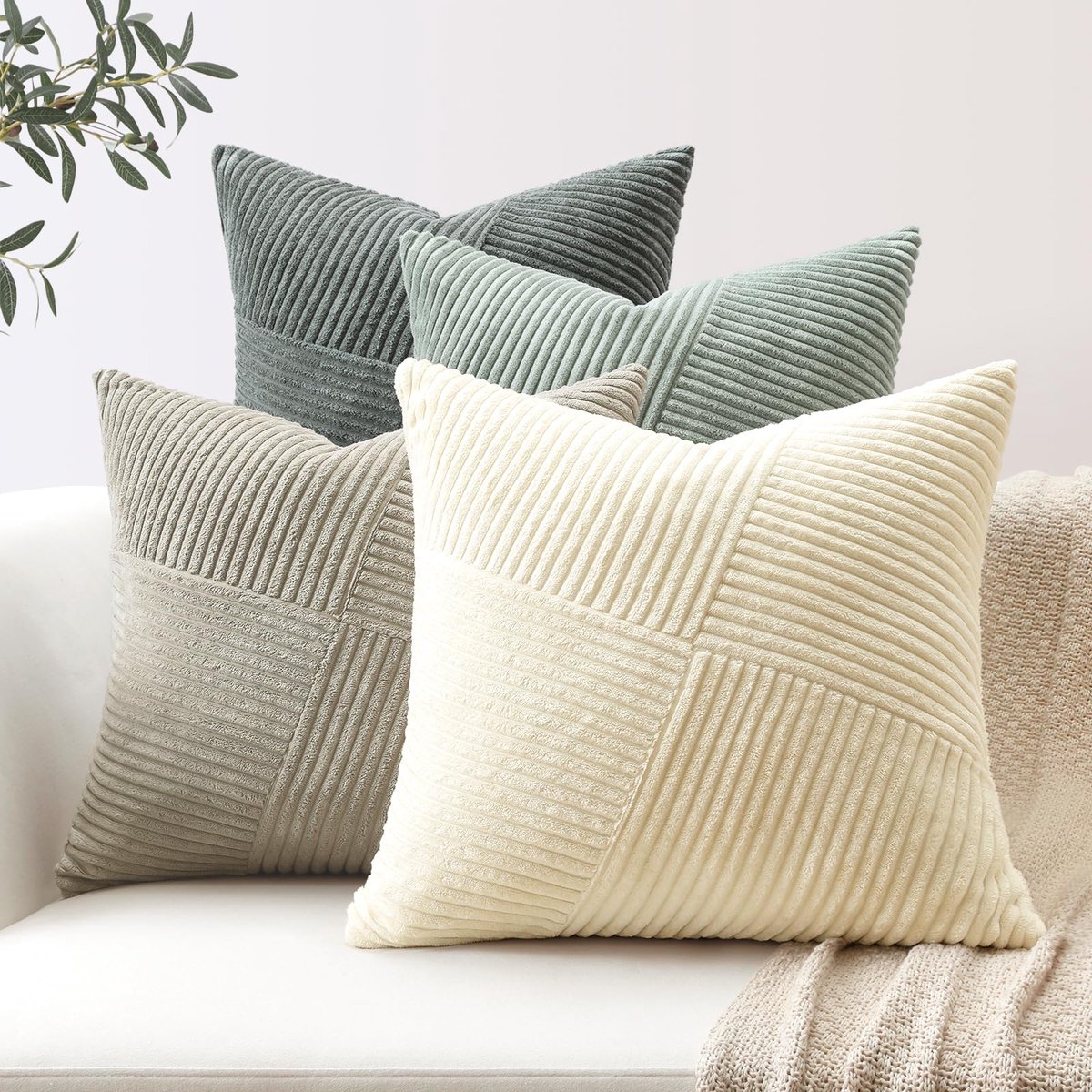 Ibenzoa® Set van 4 zachte gestreepte kussenslopen van corduroy voor stijlvolle inrichting