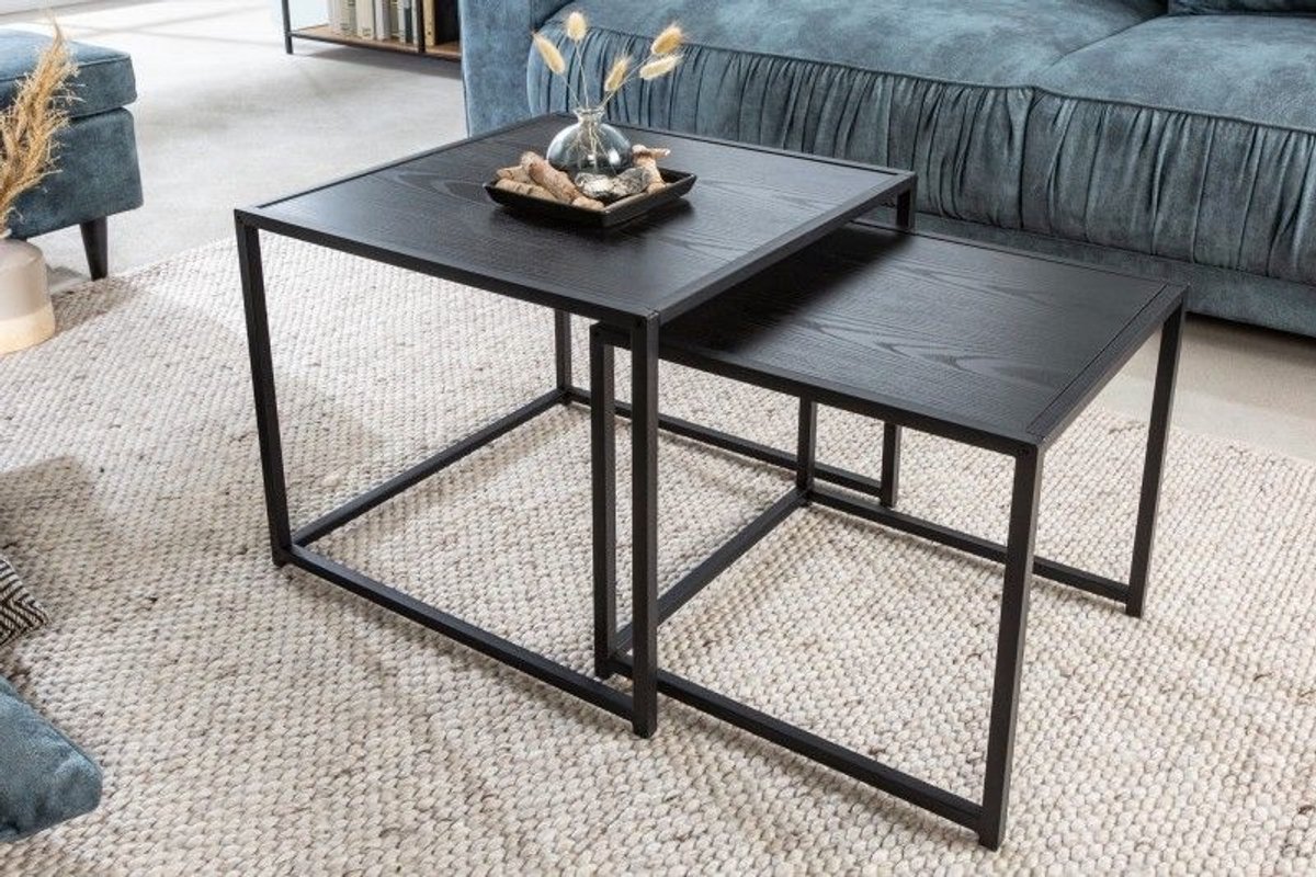 Invicta Interior Design bijzettafels set van 2 SLIM LINE 50cm zwart essen industrieele stijl - 42011 Zie omschrijving