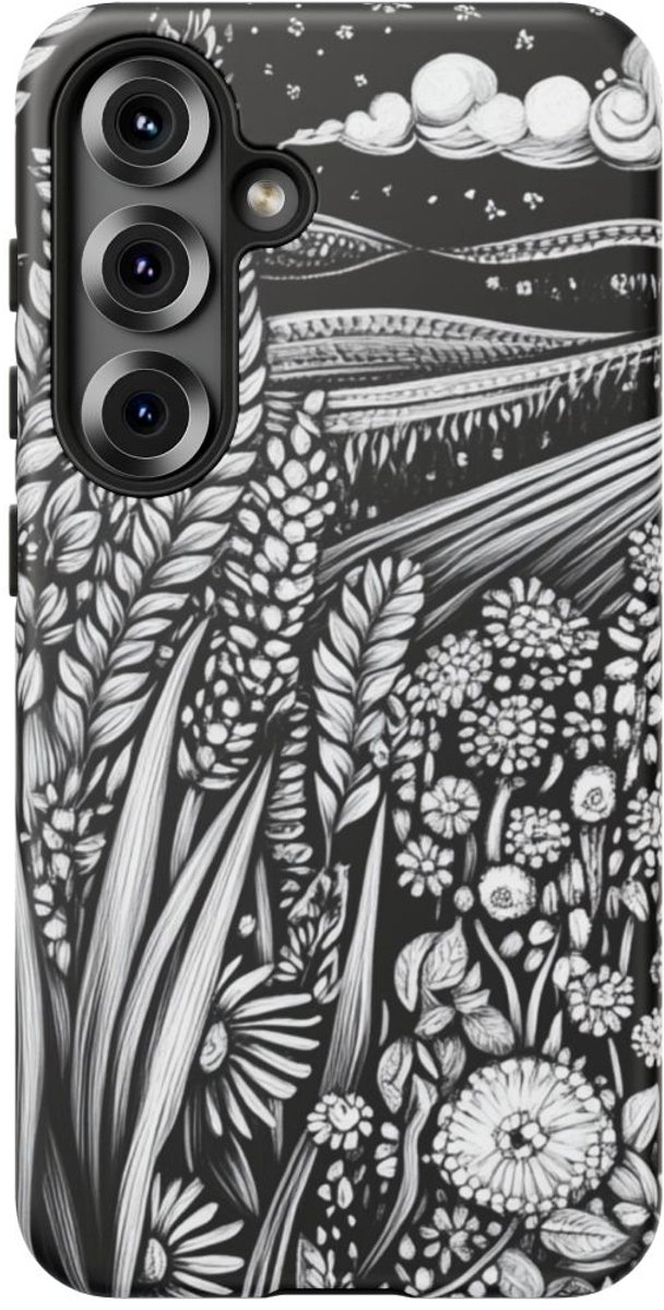 Zwart-Wit Folklore Tarwe en Bloemenlandschap – Telefoonhoesje Geschikt voor Galaxy S25