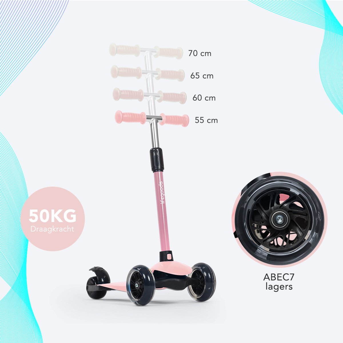 LifeGoods - Kinderstep - Step 2-5 Jaar - 3 Lichtgevende LED Wielen - Hoogte Verstelbaar - Jongens/Meisjes - Pastel Roze — afbeelding 5