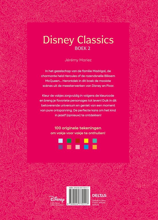 Achterkant Disney Classics Boek 2. Roze kaft met tekst over het inkleuren van Disney en Pixar scènes.