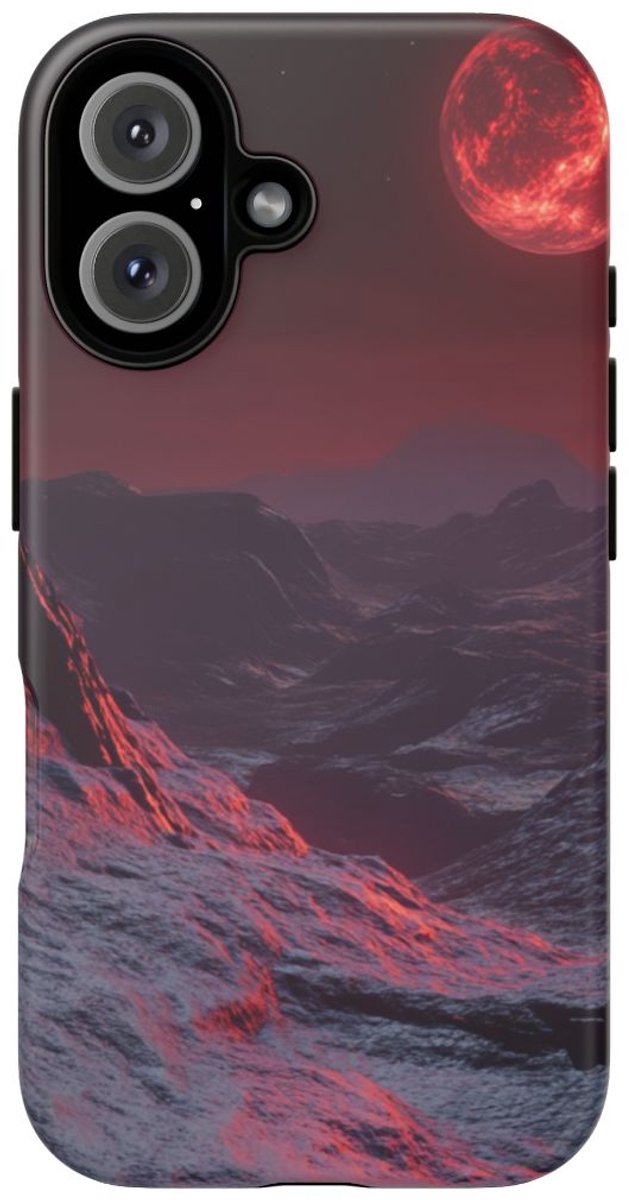 Bergachtig Landschap met Rode Maan – Telefoonhoesje Geschikt voor iPhone 16