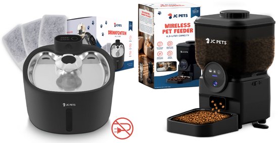 JC Pets Draadloze Automatisch Voederbak met RVS Draadloze Drinkfontein incl. 3 Filters - Voerbak dispenser 6,5L met Camera - Drinkbak 2,6L - Slimme Voer- en Drinkoplossing voor Katten en Honden - Kattenfontein - Waterfontein Kat en Hond - Met app