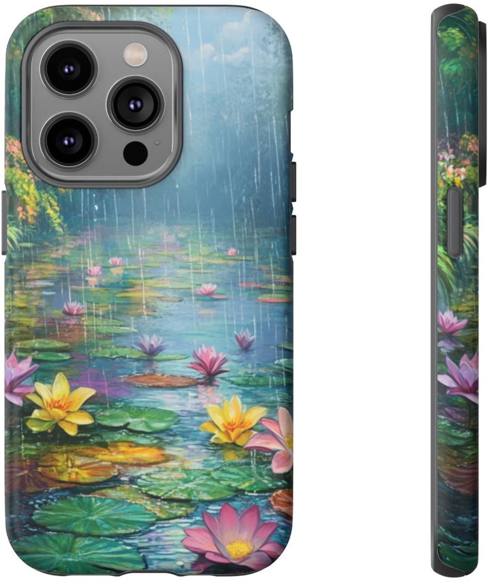 Kleurrijke Lotus Bloemen in de Regen – Telefoonhoesje Geschikt voor iPhone 14 Pro