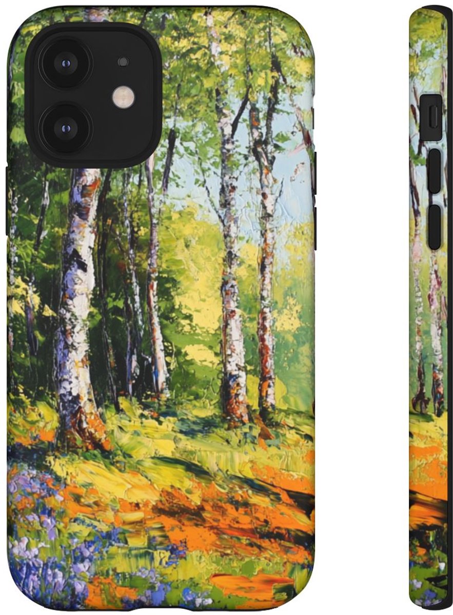 Levendig Boslandschap met Blauwe Hyacinten – Telefoonhoesje Geschikt voor iPhone 12