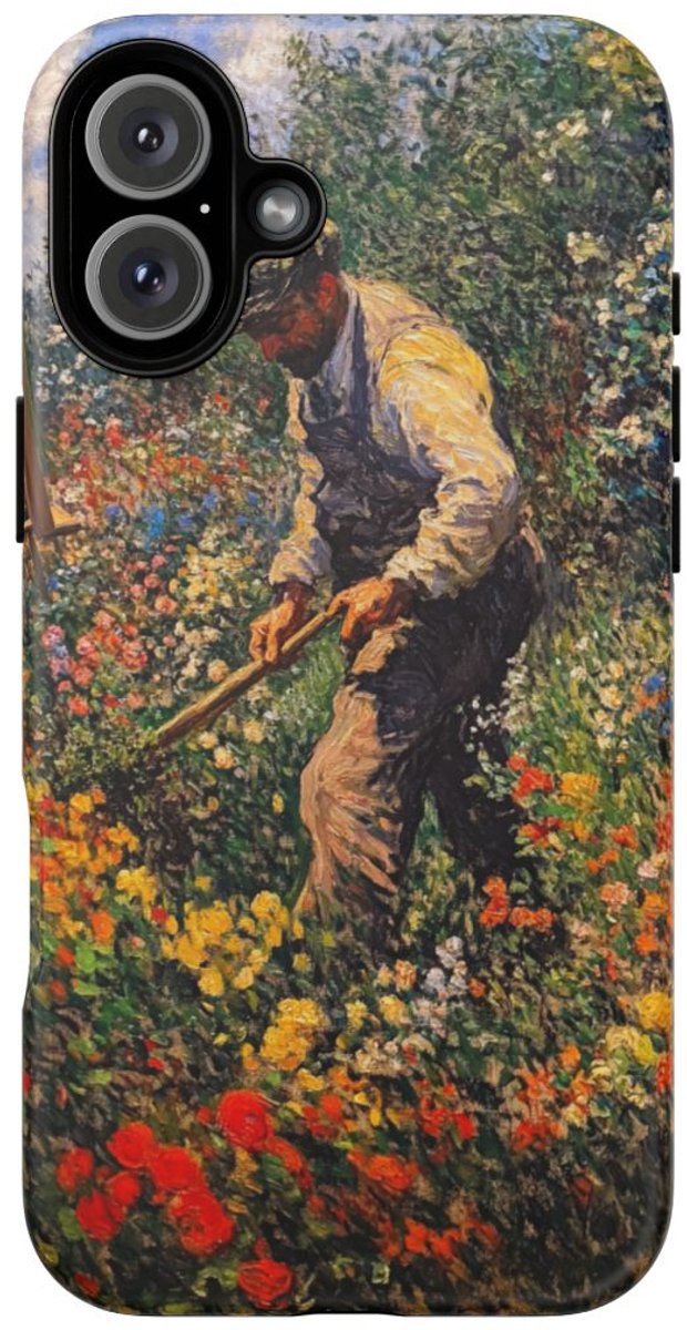 Tuinier Tussen Bloemenpracht – Telefoonhoesje Geschikt voor iPhone 16 Plus