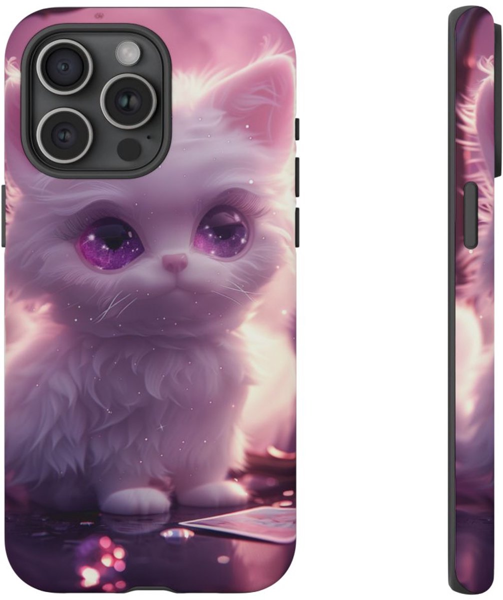 Witte Pluizige Kat met Paarse Ogen – Telefoonhoesje Geschikt voor iPhone 15 Pro Max