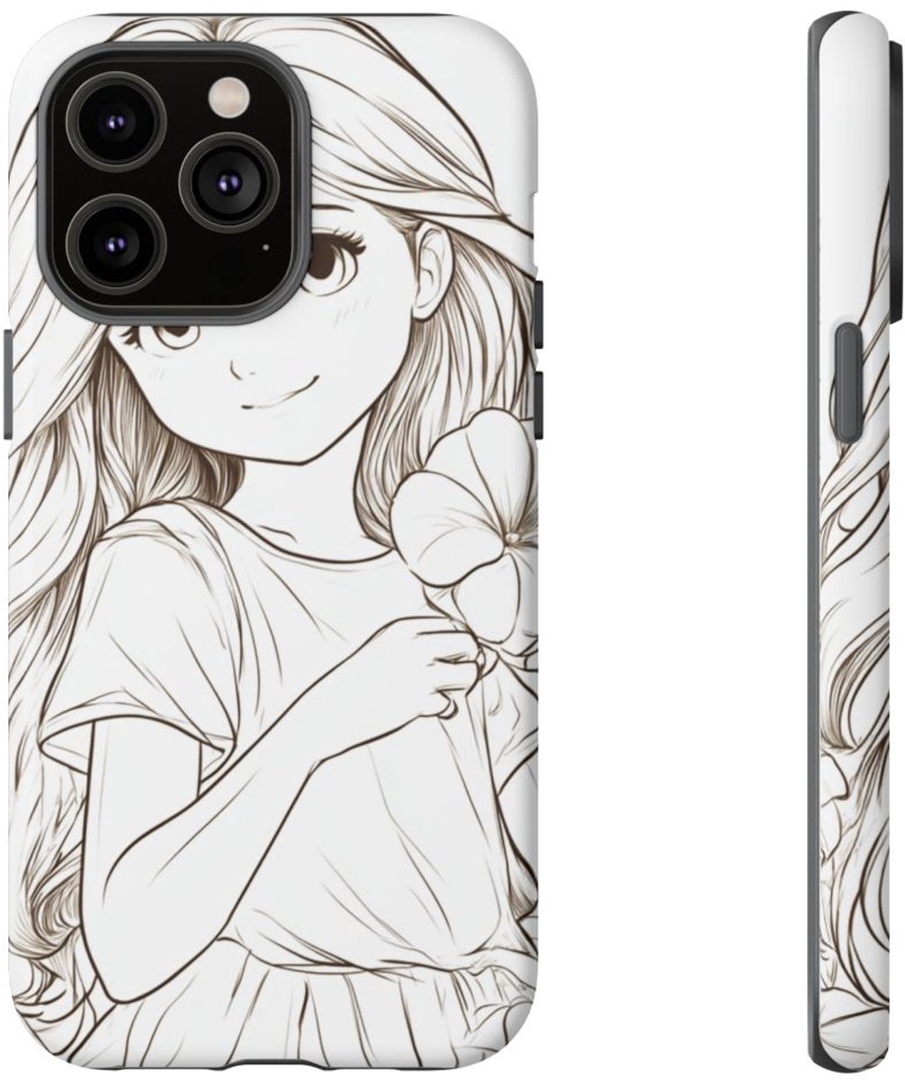 Meisje met Winde Bloemen Lijntekening – Telefoonhoesje Geschikt voor iPhone 14 Pro Max
