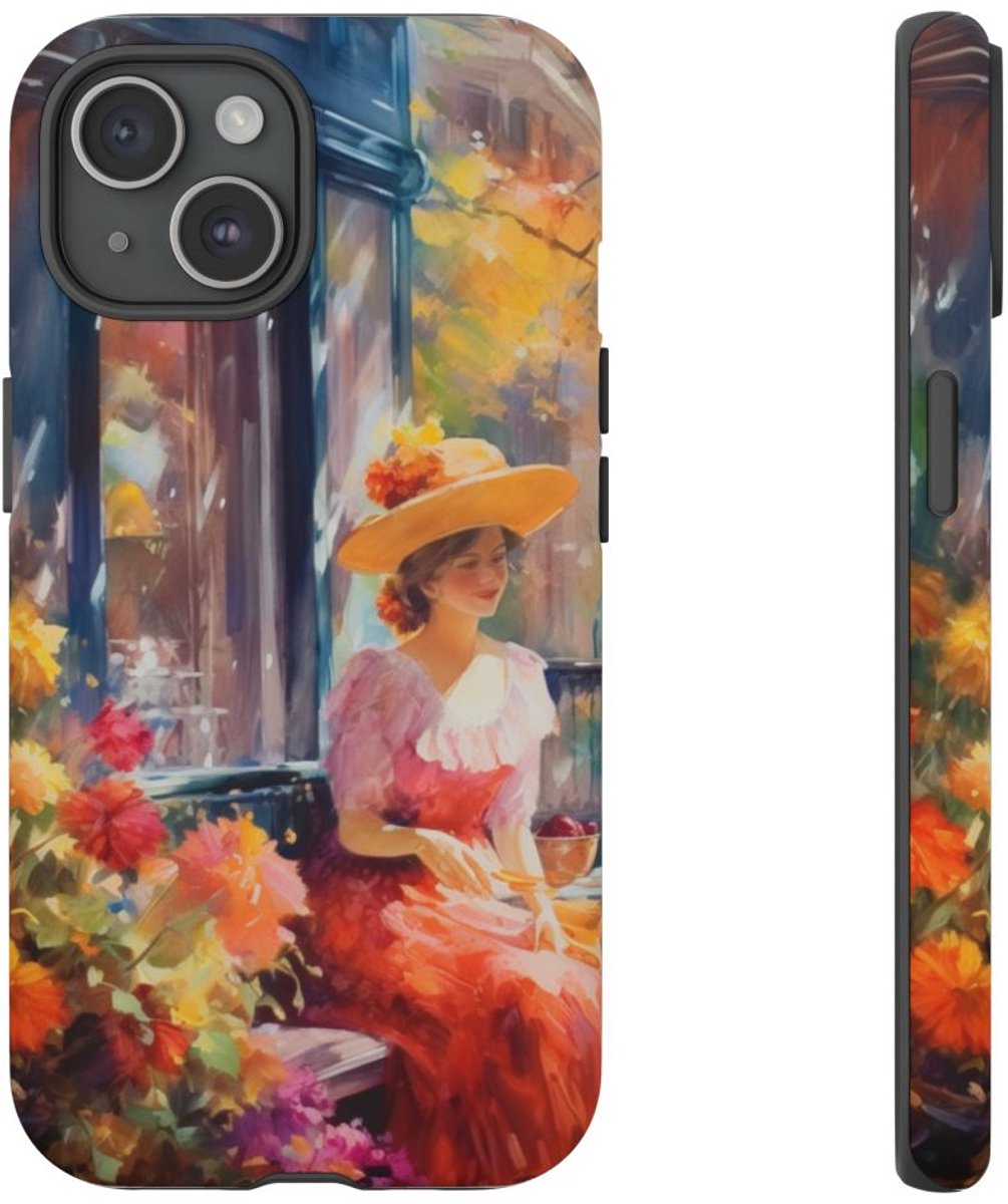 Vrolijke Vrouw in Kleurrijke Bloementuin – Telefoonhoesje Geschikt voor iPhone 15
