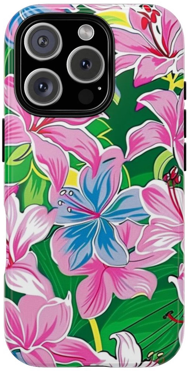 Roze en Blauwe Bloemenprint – Telefoonhoesje Geschikt voor iPhone 16 Pro