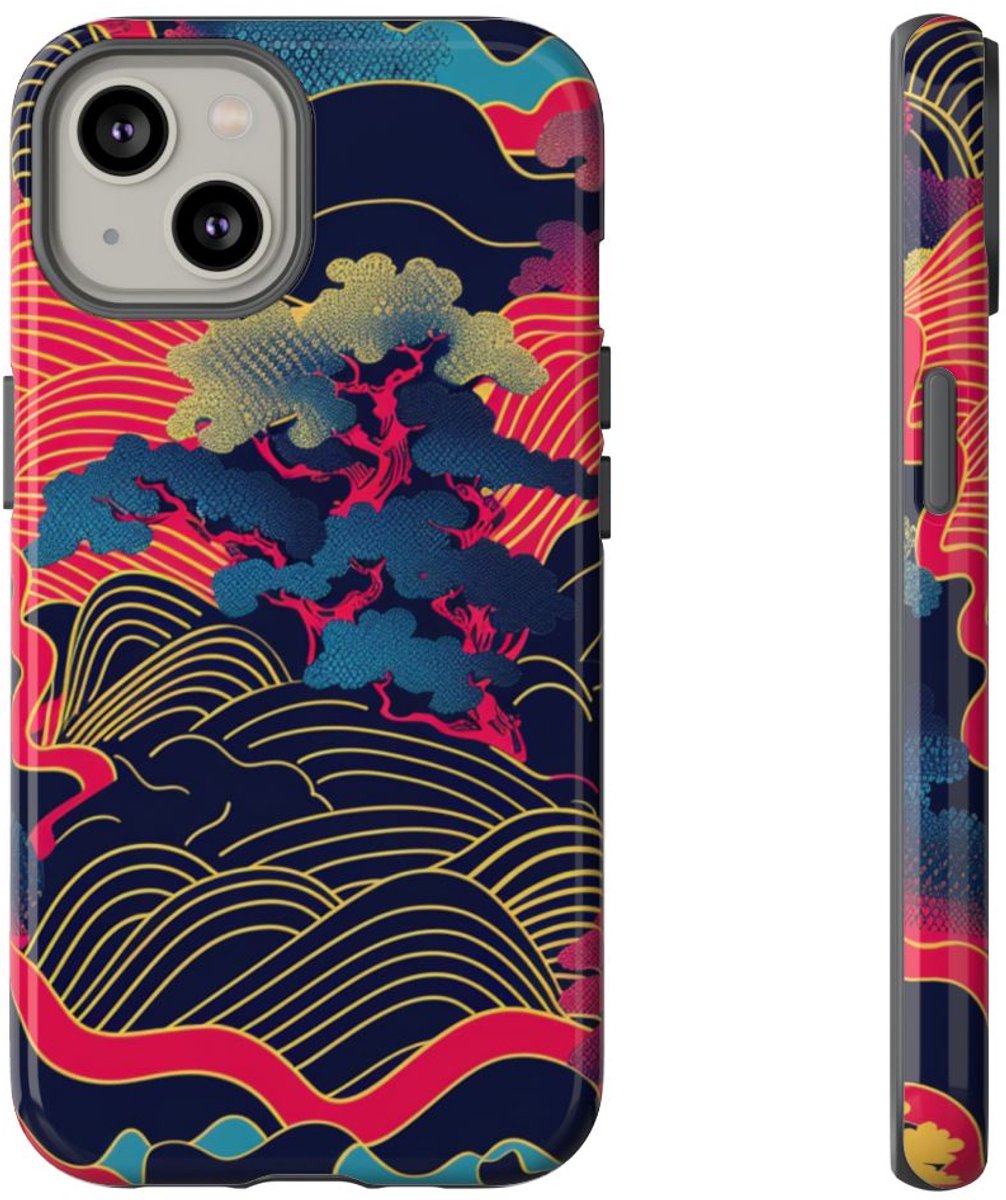 Neon Japanse Landschapspatroon – Telefoonhoesje Geschikt voor iPhone 14