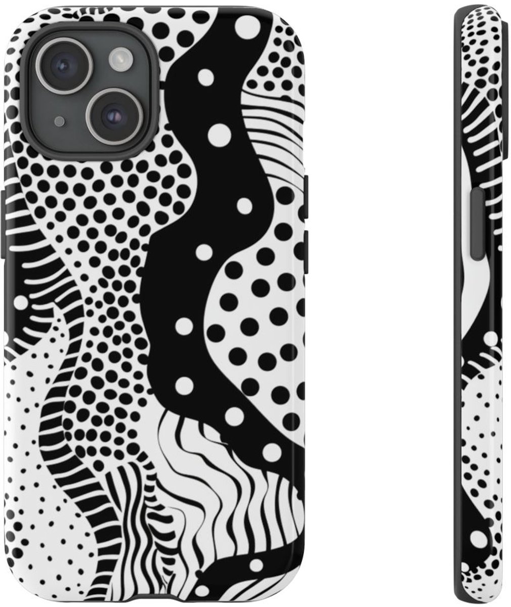 Zwart-Wit Abstract Stippenpatroon – Telefoonhoesje Geschikt voor iPhone 15