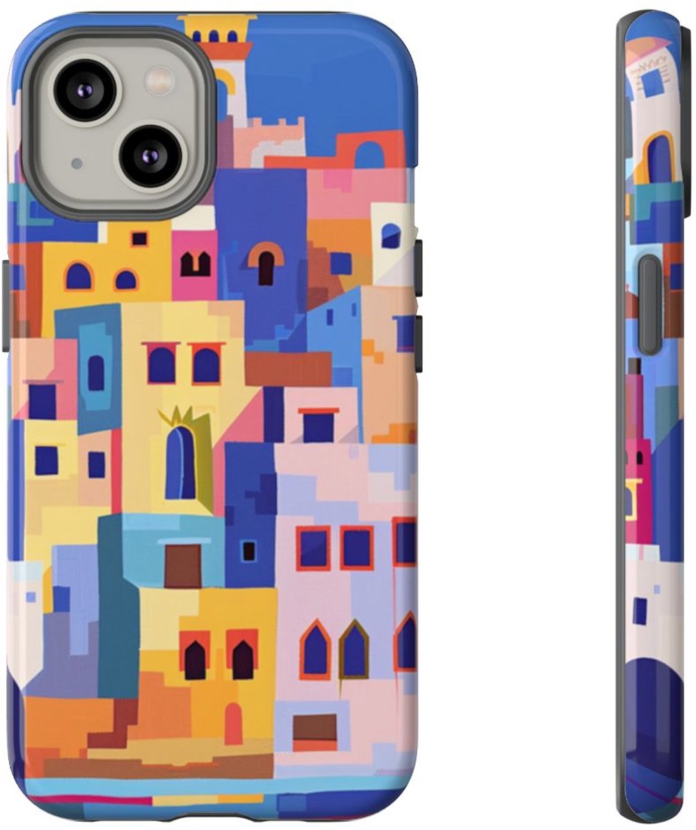 Kleurrijke Illustratie van een Kuststad – Telefoonhoesje Geschikt voor iPhone 14