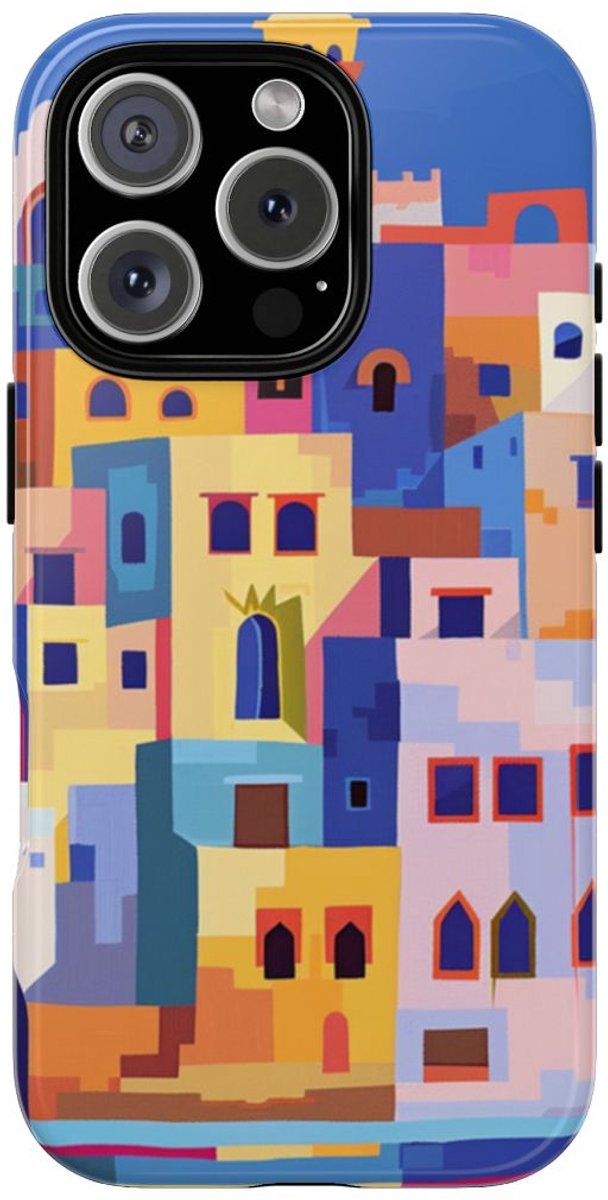 Kleurrijke Illustratie van een Kuststad – Telefoonhoesje Geschikt voor iPhone 16 Pro